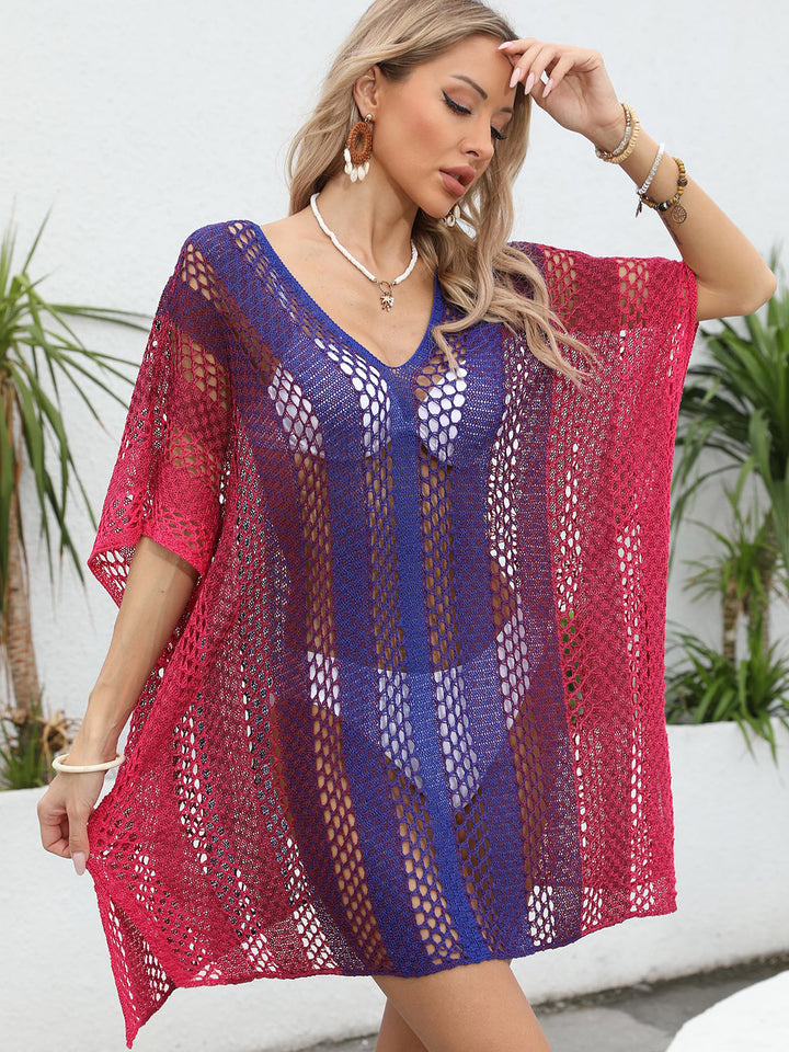 Openwork Contrast V-Neck Cover-Up