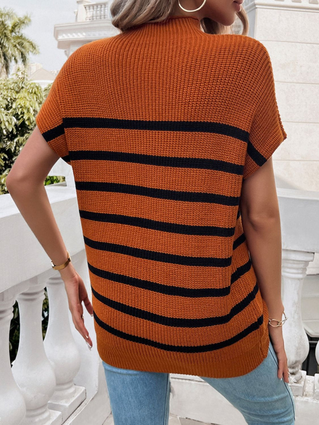 Striped Mock Neck Short Sleeve Sweater