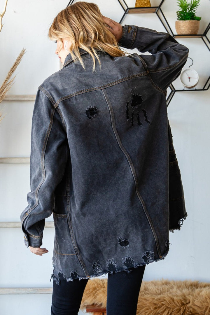 Veveret Button Up Distressed Frayed Hem Denim Jacket