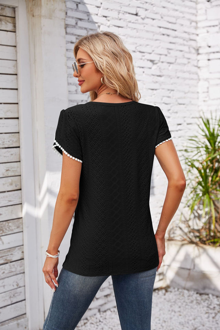 Eyelet Round Neck Petal Sleeve T-Shirt