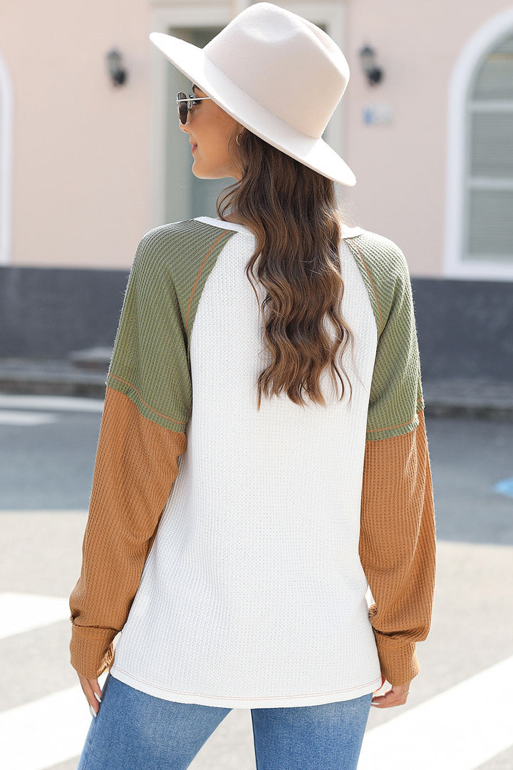 Waffle-Knit Color Block Long Sleeve Top