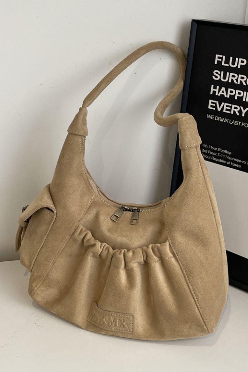 Ruched Suede Handbag with Zipper