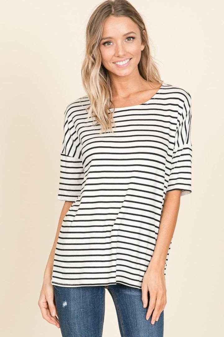 BOMBOM Striped Round Neck T-Shirt