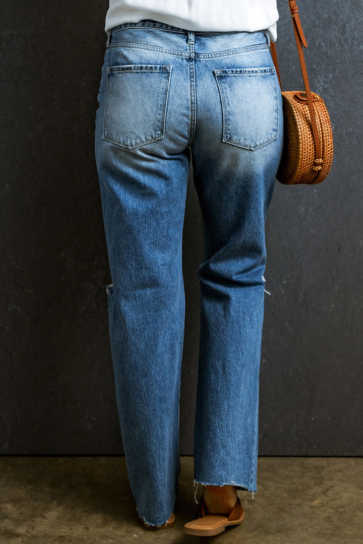 Distressed Raw Hem Jeans with Pockets