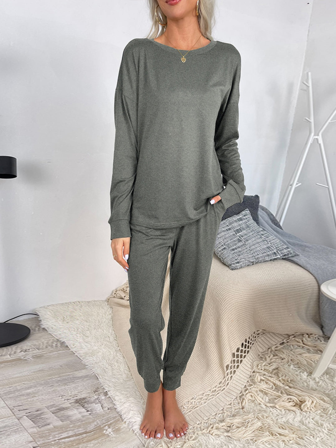 Round Neck Top and Drawstring Pants Lounge Set