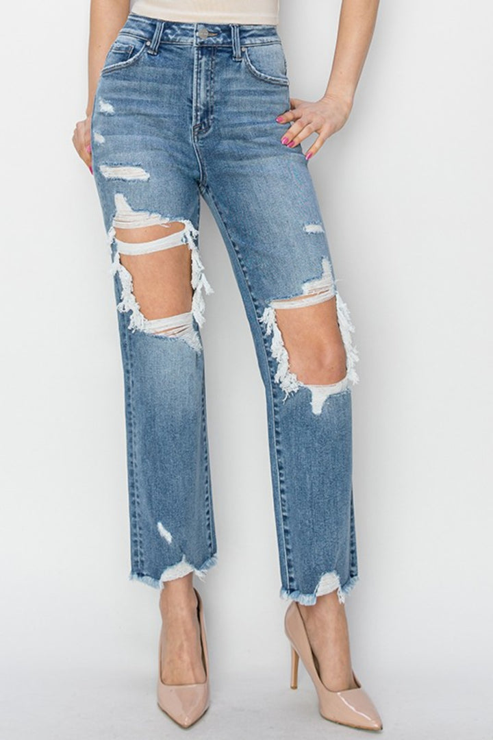 RISEN High Rise Distressed Crop Straight Jeans