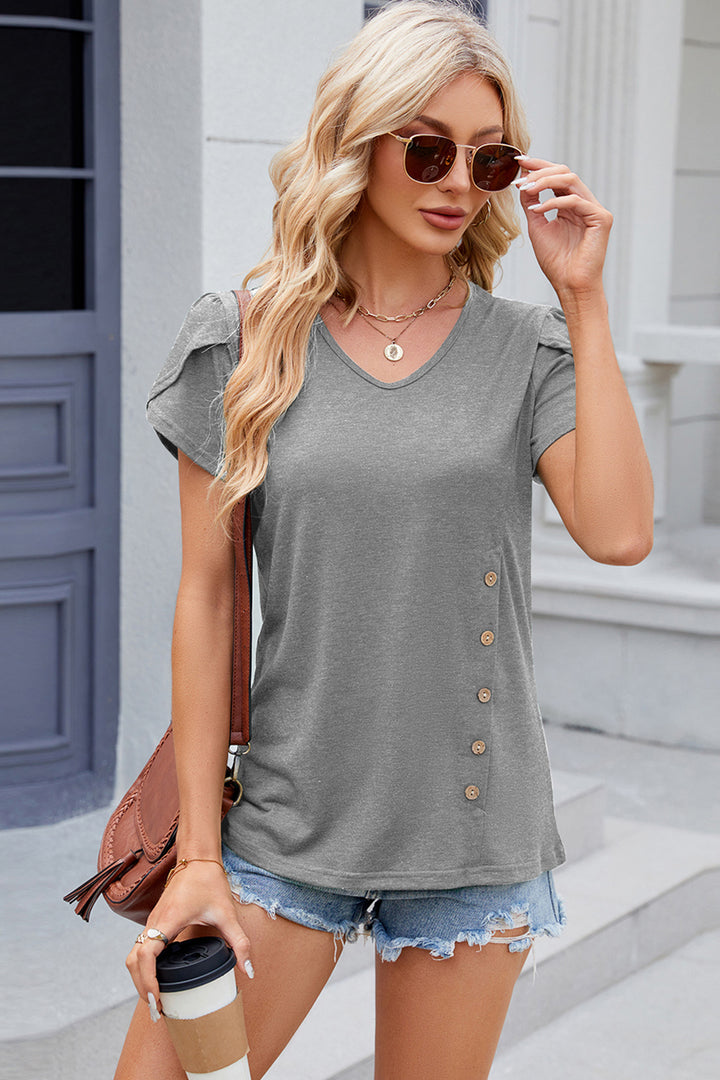 V-Neck Petal Sleeve T-Shirt