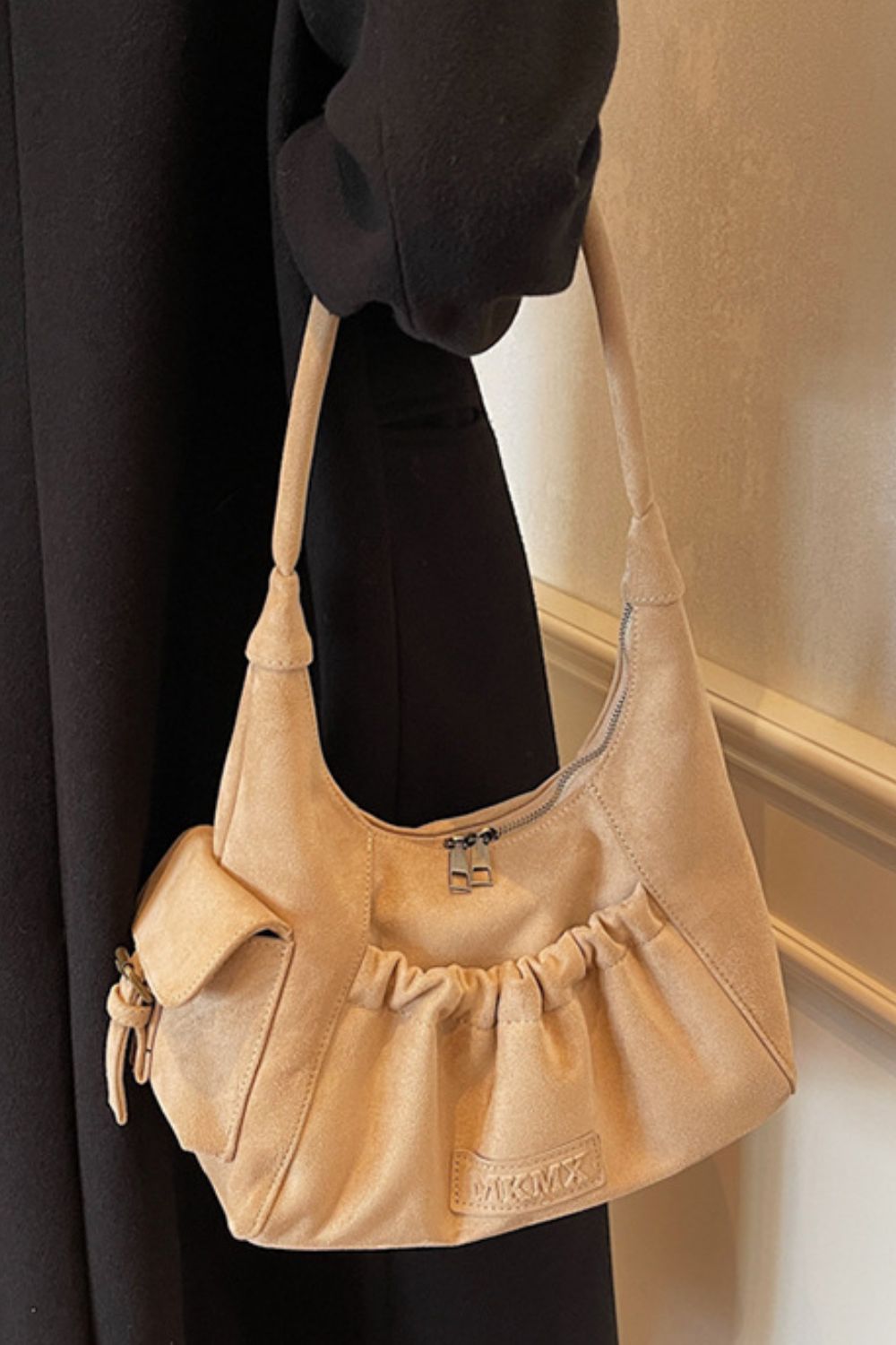 Ruched Suede Handbag with Zipper