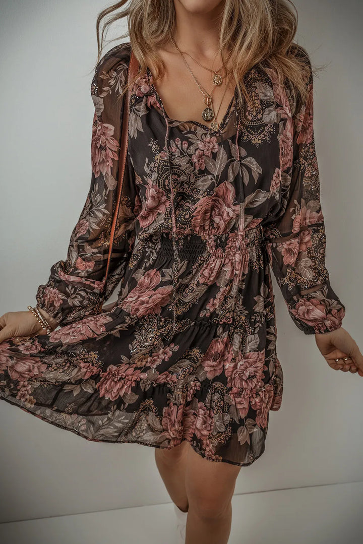 Printed Tie Neck Long Sleeve Mini Dress