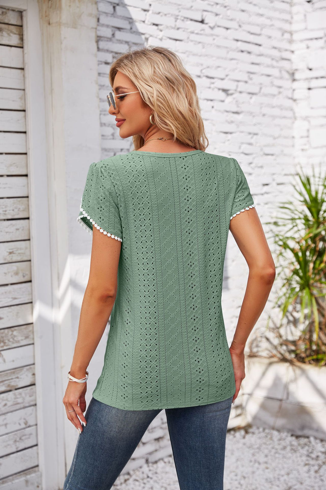 Eyelet Round Neck Petal Sleeve T-Shirt