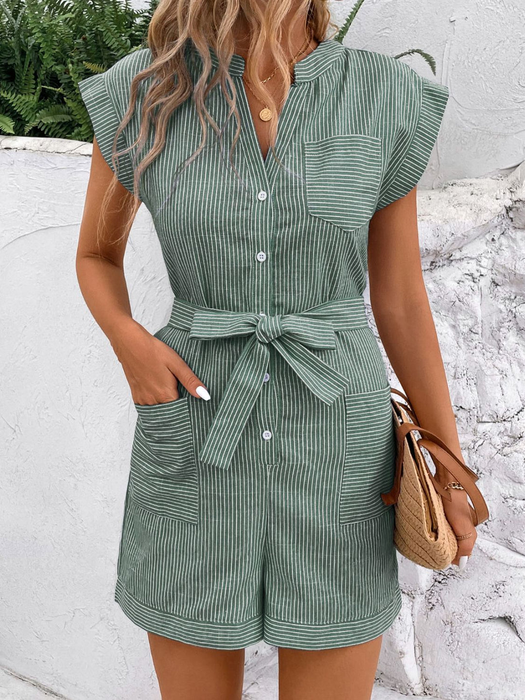 Striped Notched Tie Waist Romper