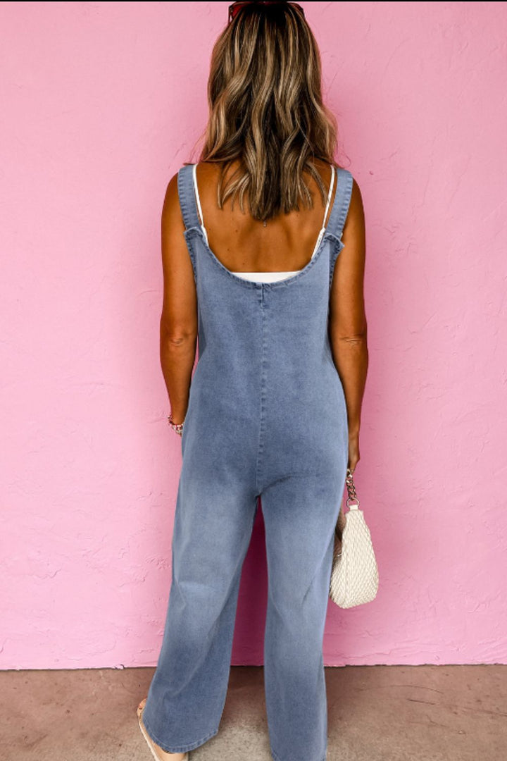 Wide Strap Denim Overalls with Pockets