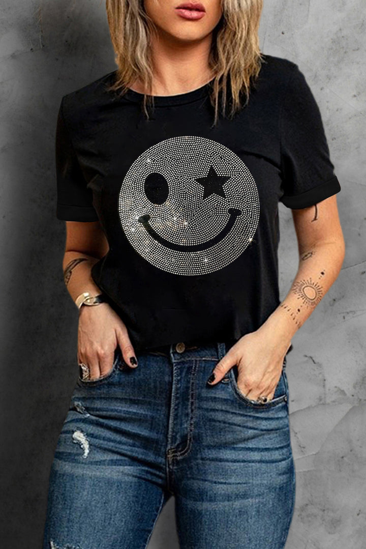 Rhinestone Smiley Round Neck Short Sleeve T-Shirt