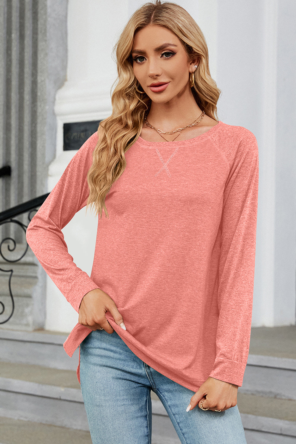 Heathered Round Neck Long Sleeve T-Shirt