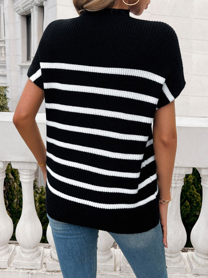 Striped Mock Neck Short Sleeve Sweater