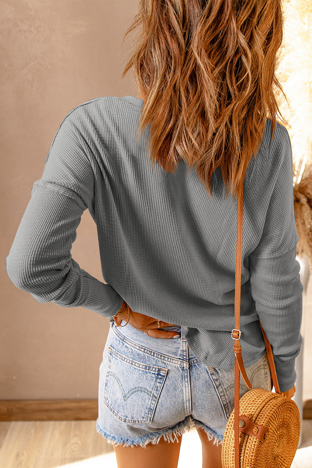 Waffle Knit Henley Long Sleeve Top