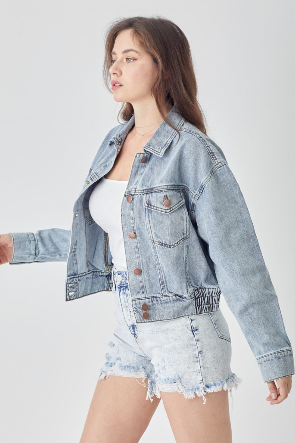 RISEN Full Size Button Down Cropped Denim Jacket