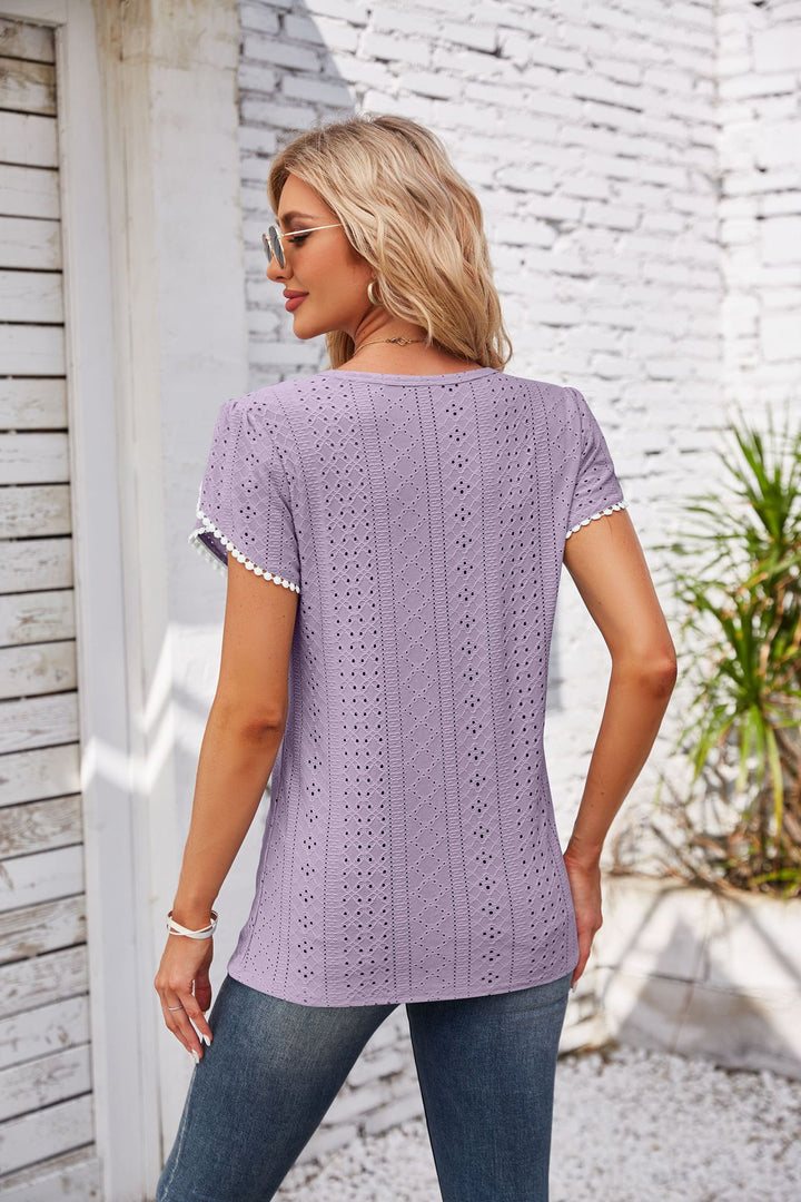 Eyelet Round Neck Petal Sleeve T-Shirt