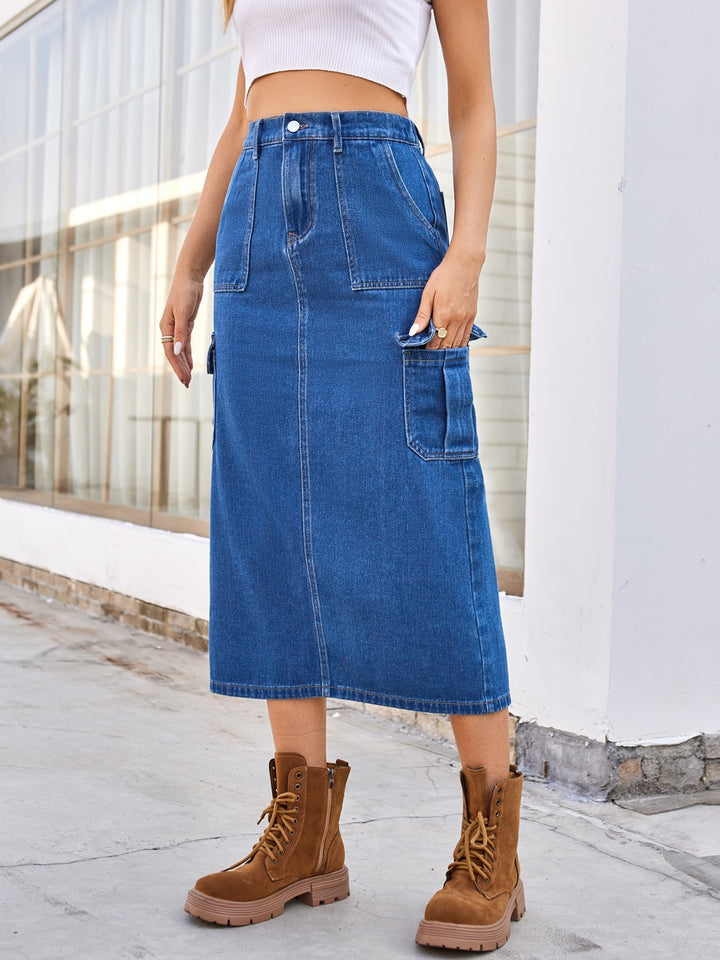 Slit Midi Denim Skirt with Pockets