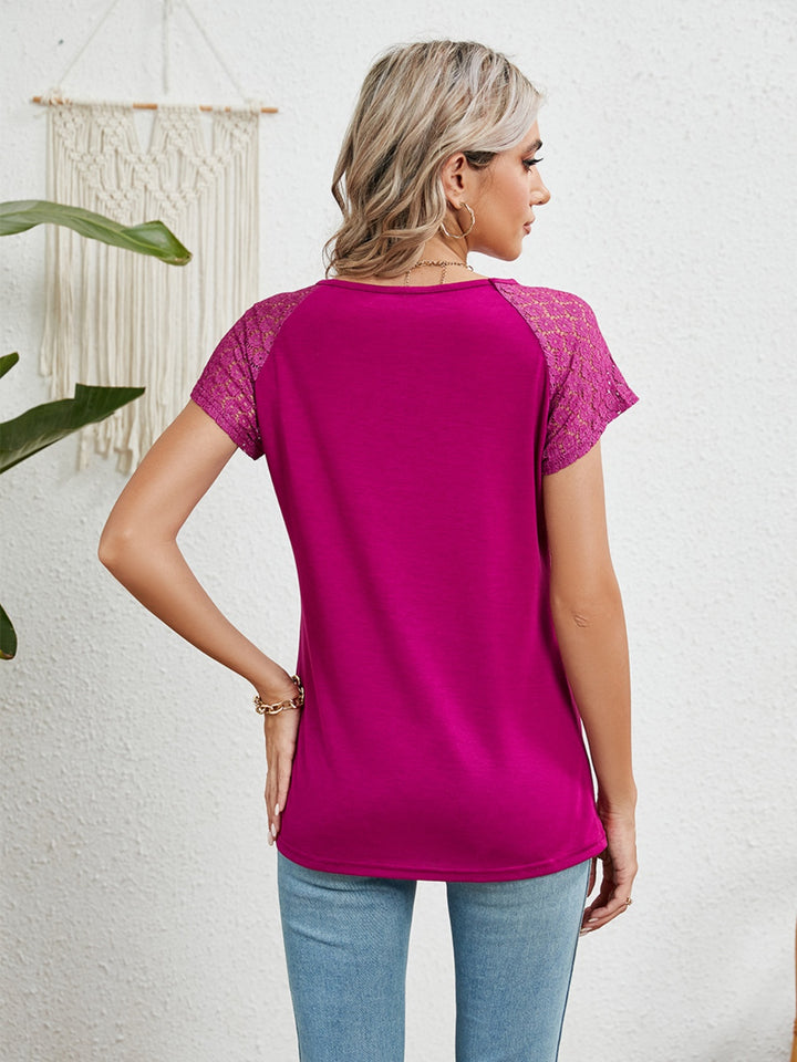 Lace Detail Round Neck Short Sleeve T-Shirt