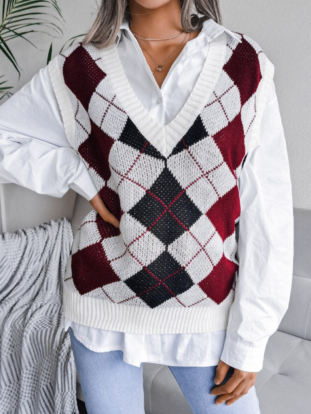 Plaid V-Neck Sweater Vest