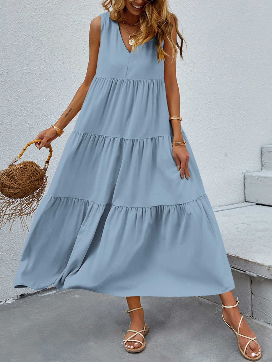 Tiered V-Neck Sleeve Dress