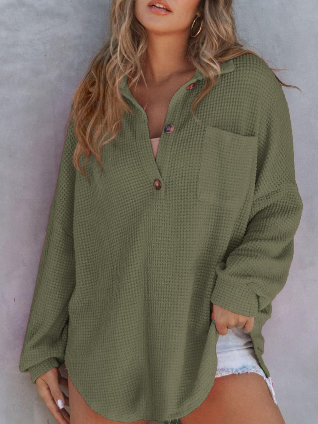 Waffle-Knit Dropped Shoulder Long Sleeve Sweatshirt