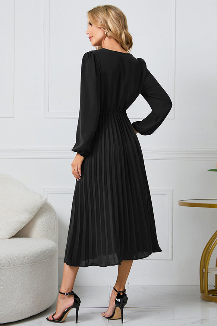 V-Neck Long Sleeve Tie Waist Midi Dress