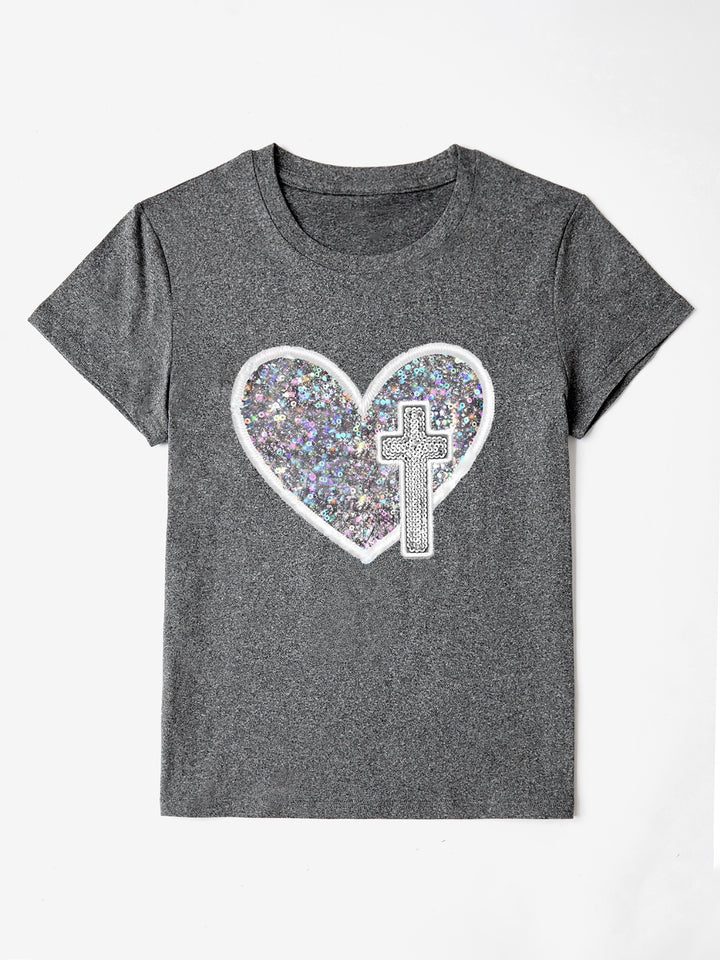 Graphic Heart Round Neck Short Sleeve T-Shirt