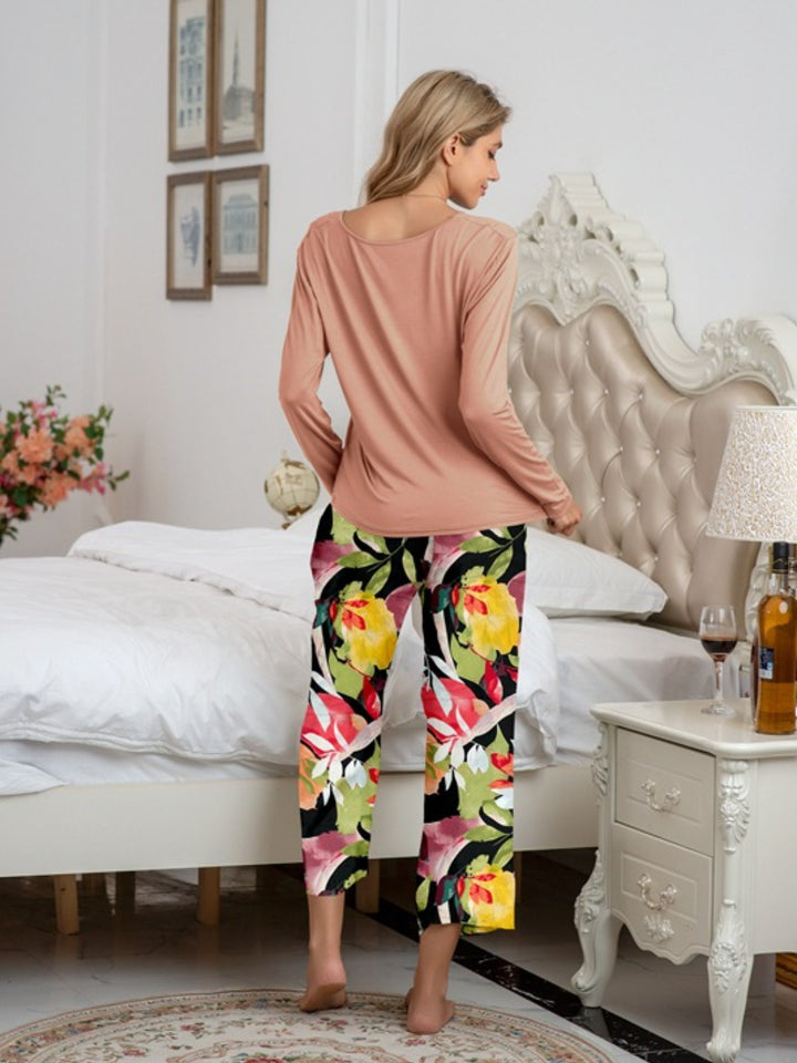 Round Neck Top and Printed Pants Lounge Set