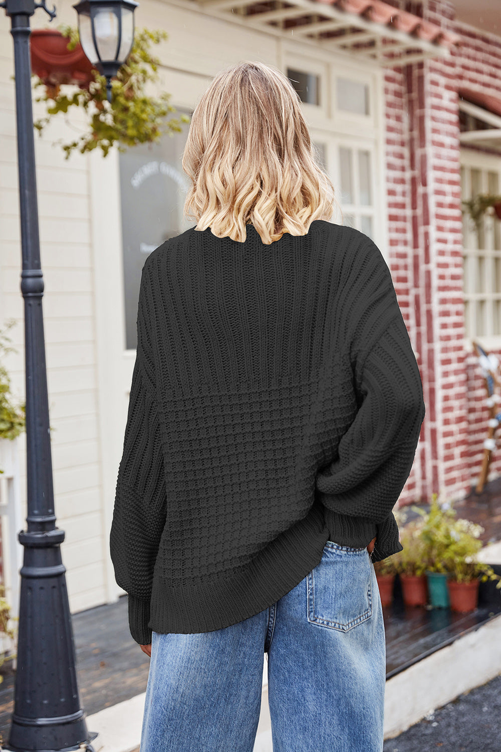 Ribbed Drop Shoulder Lantern Sleeve Sweater