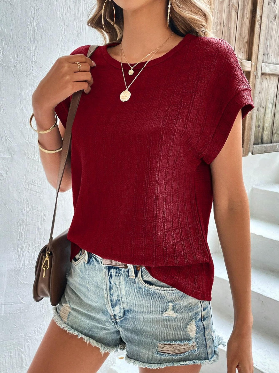 Textured Round Neck Short Sleeve Top