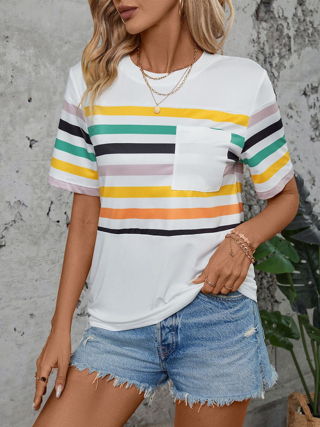 Striped Round Neck Short Sleeve T-Shirt