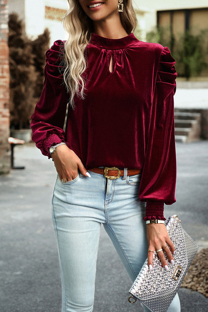 Tie Up Mock Neck Velvet Fabric Long Sleeve Blouse