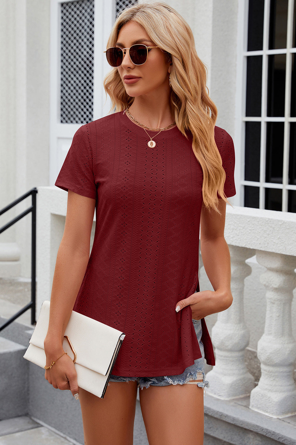 Eyelet Slit Round Neck Short Sleeve T-Shirt