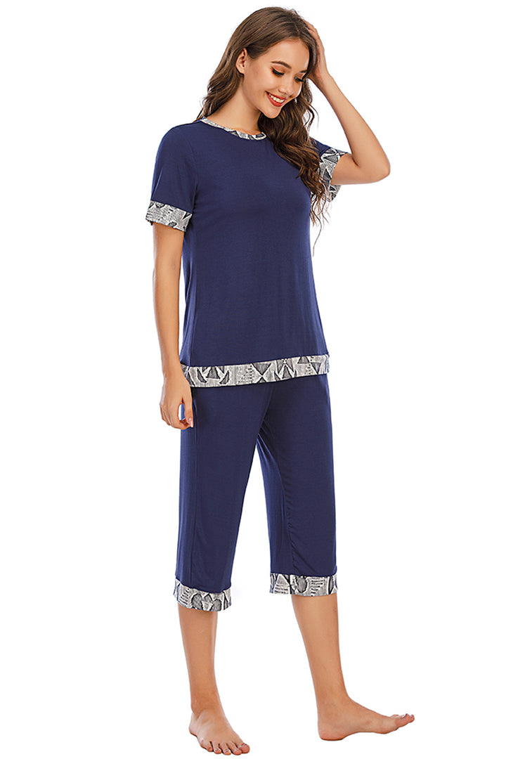 Round Neck Short Sleeve Top and Capris Pants Lounge Set