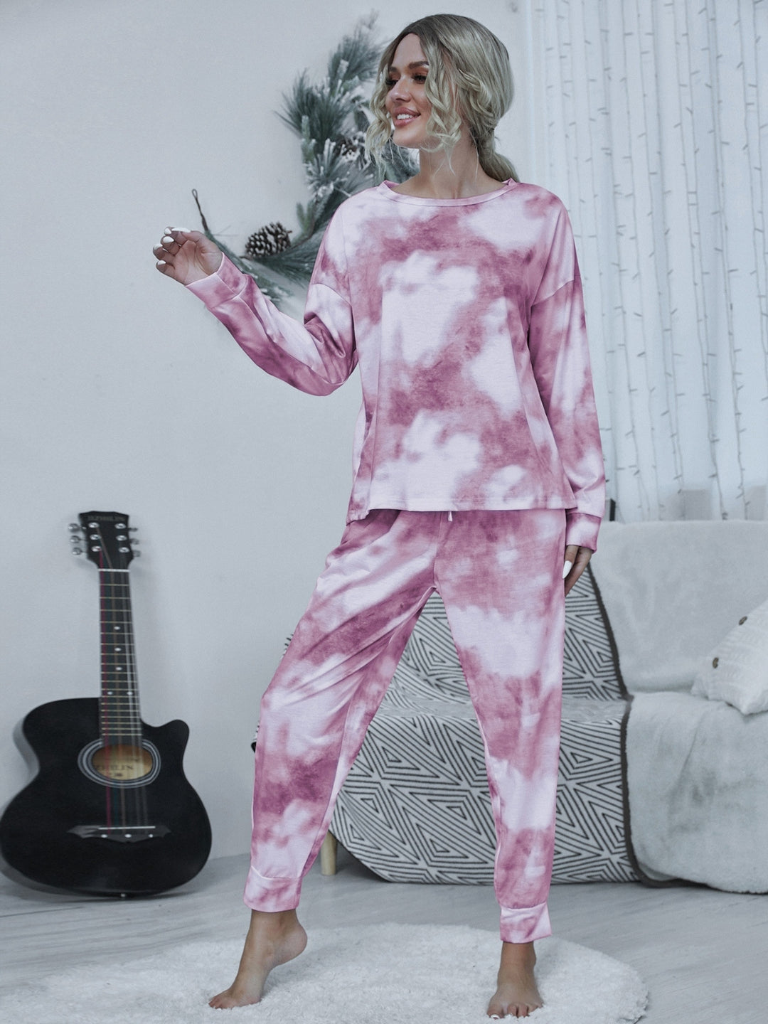 Tie-dye Round Neck Top and Drawstring Pants Lounge Set