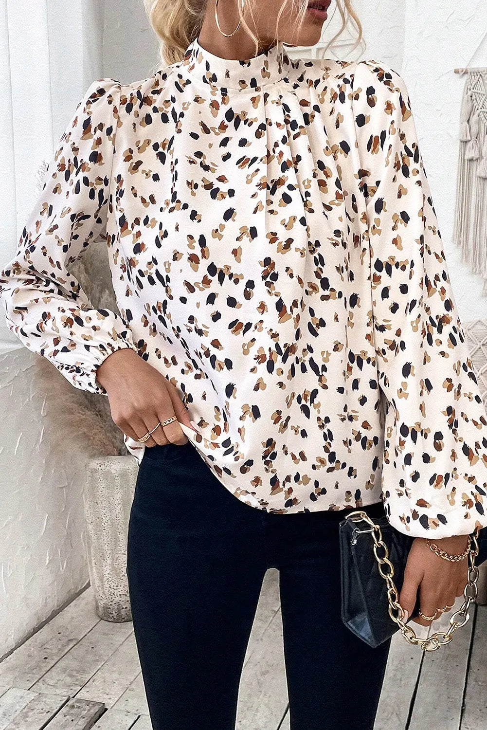 Printed Mock Neck Long Sleeve Blouse