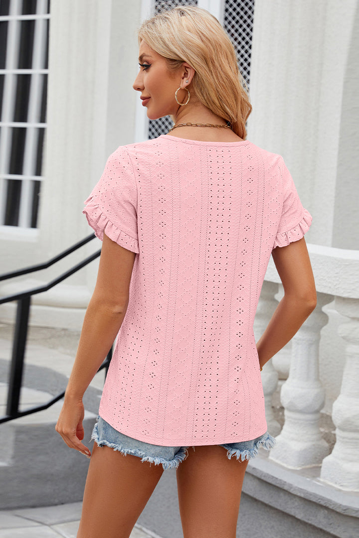 Eyelet Round Neck Petal Sleeve T-Shirt