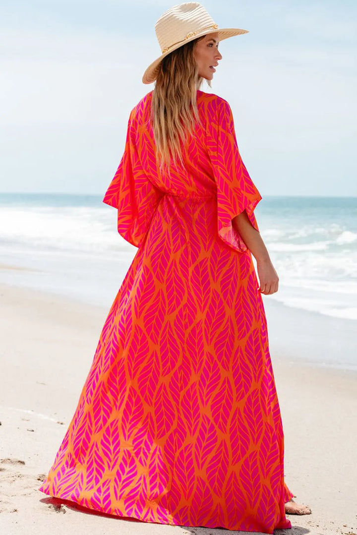 Drawstring Printed V-Neck Maxi Dress