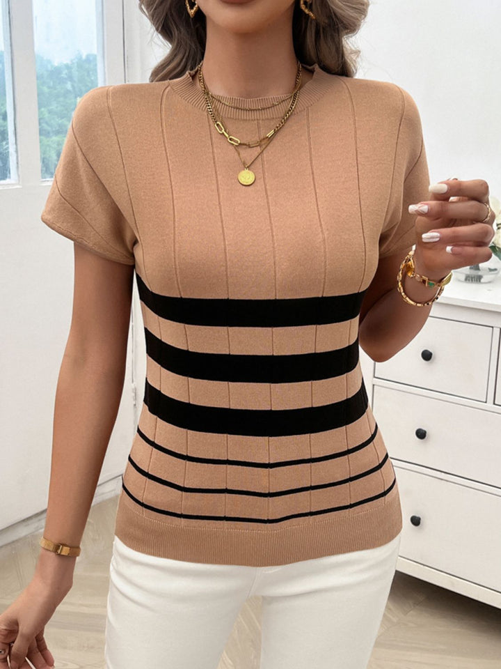 Striped Round Neck Short Sleeve Knit Top