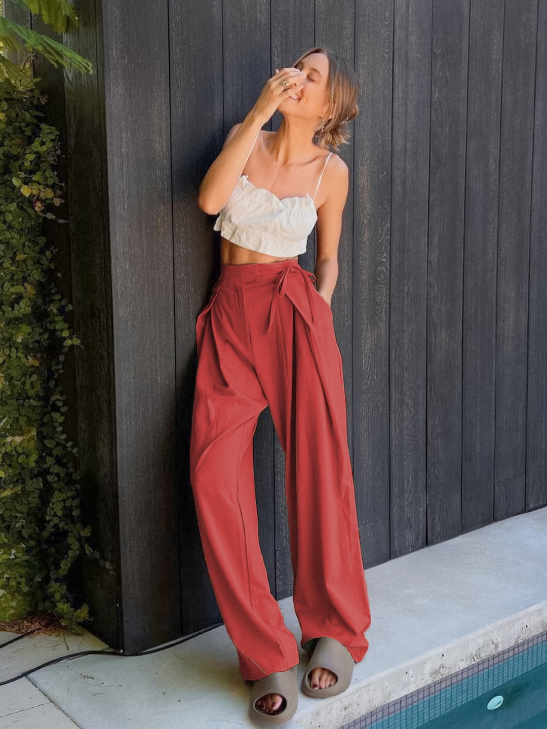 Tied High Waist Wide Leg Pants