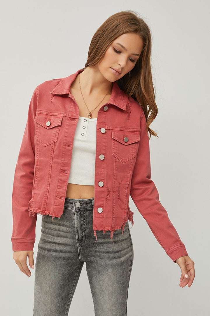 RISEN Raw Hem Button Up Cropped Denim Jacket