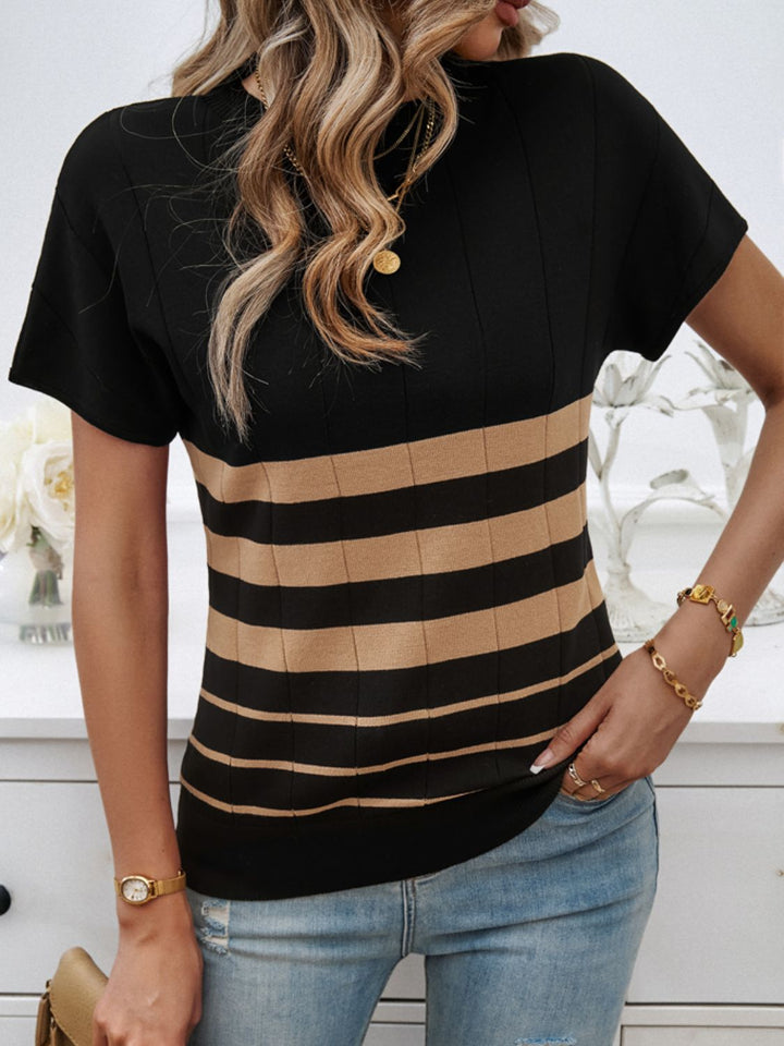 Striped Round Neck Short Sleeve Knit Top