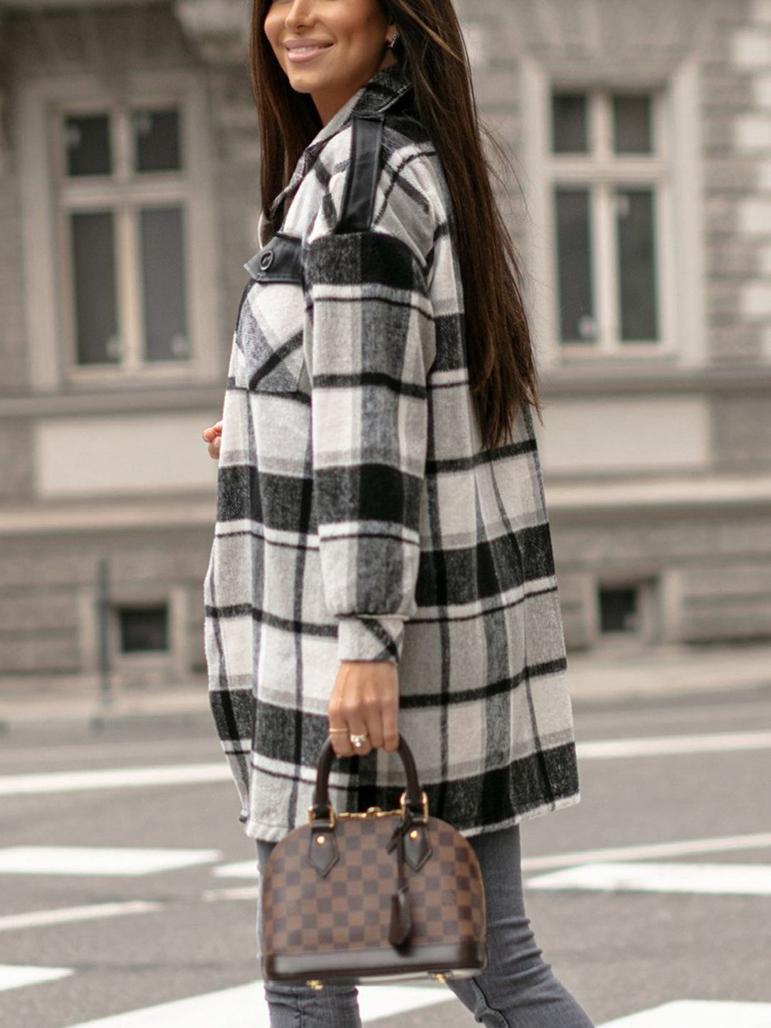 Pocketed Plaid Button Up Dropped Shoulder Shacket