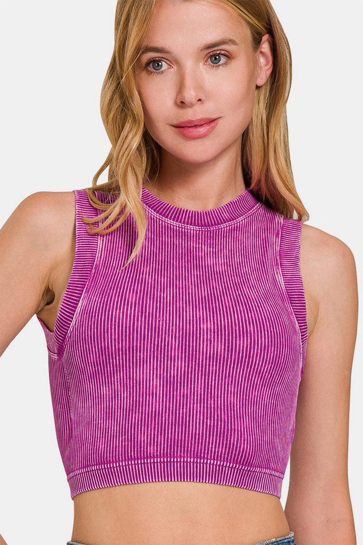 Zenana Washed Ribbed Seamless Crop Tank with Bra Pad