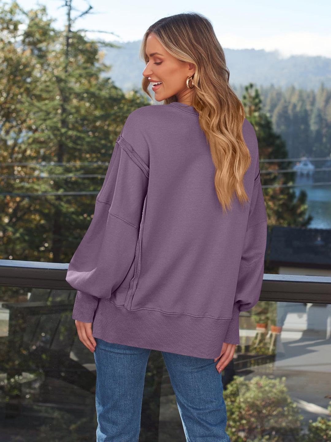 Slit Round Neck Long Sleeve Sweatshirt