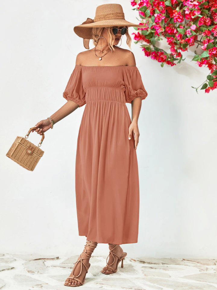 Off-Shoulder Balloon Sleeve Midi Dress